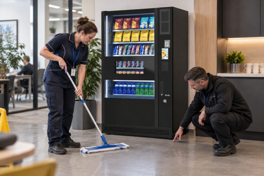 Cleaner and facilities host plan floor cleaning around a vending machine