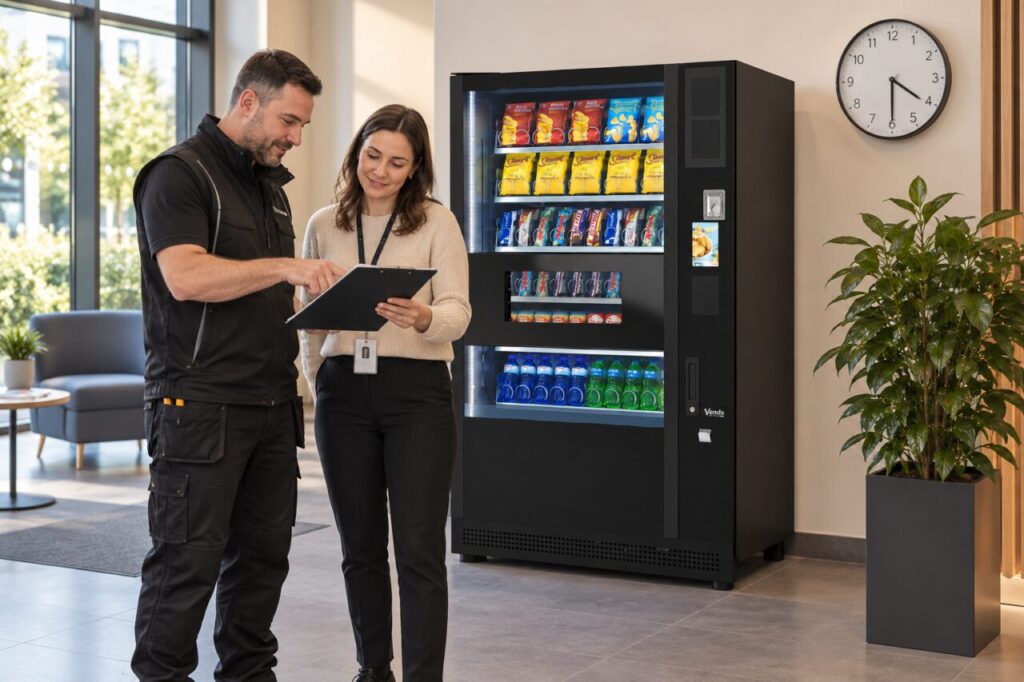 Installer and site host review checks during a late-day vending delivery