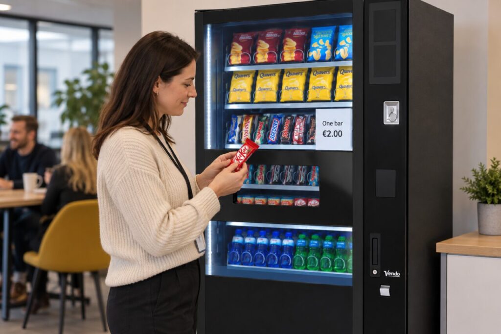 Operator checks a price notice and matching snack beside the vending machine