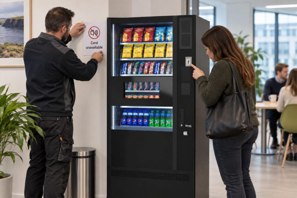 Worker displays a card-payment notice while a customer checks the coin option