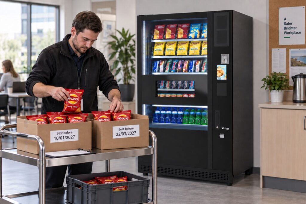 Operator separates identical vending snack packs by best-before date