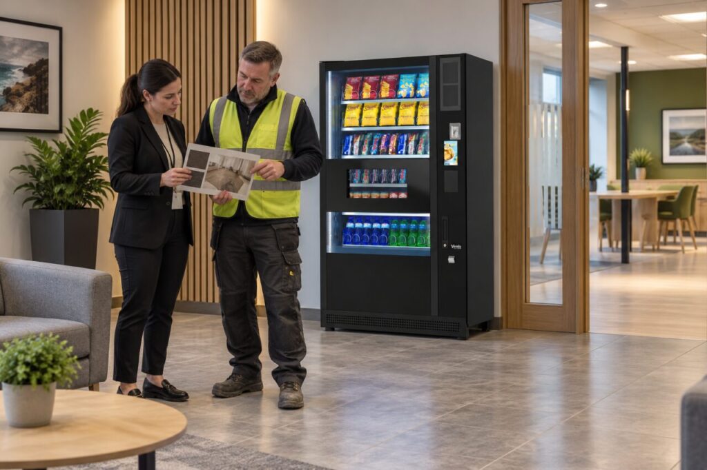 Facilities manager and contractor review flooring information beside vending equipment near a newly finished room