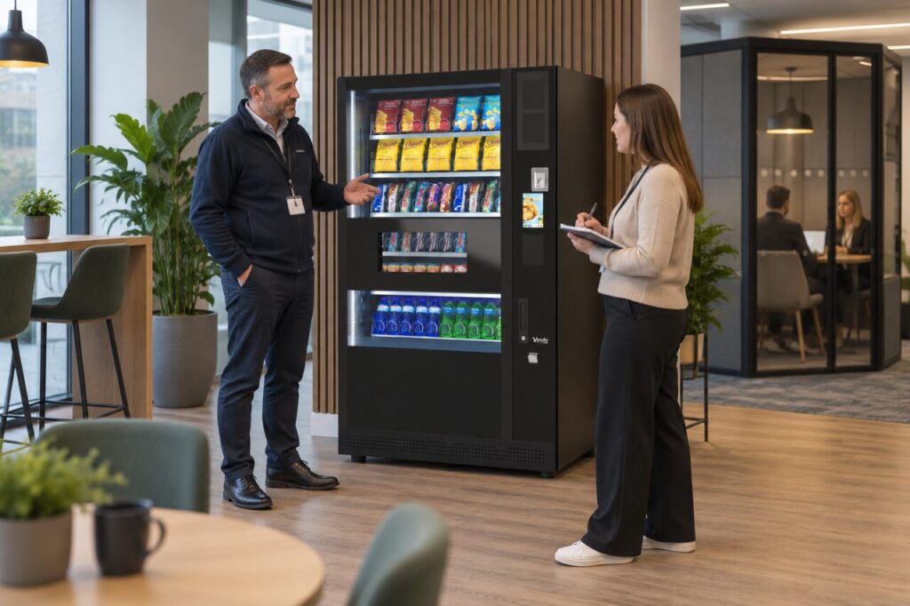 Facilities colleagues assess ordinary vending sounds near a meeting booth