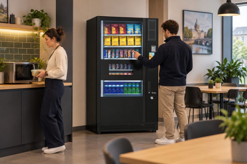 Employee waits with lunch at a microwave while another customer chooses from nearby vending equipment