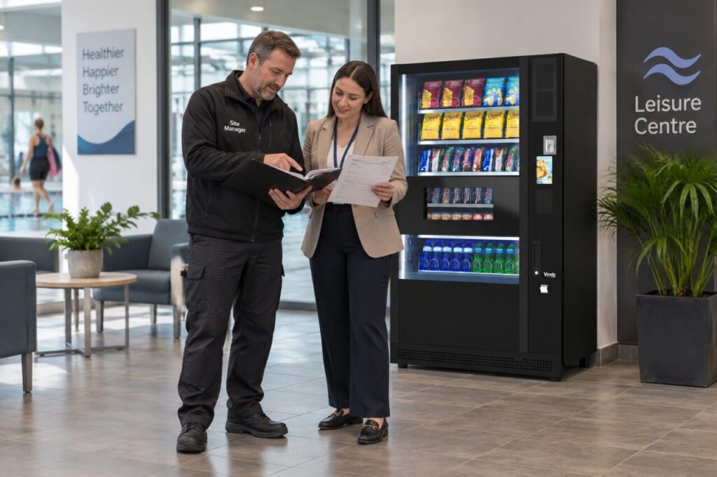 Site and finance colleagues review service and account documents beside vending equipment