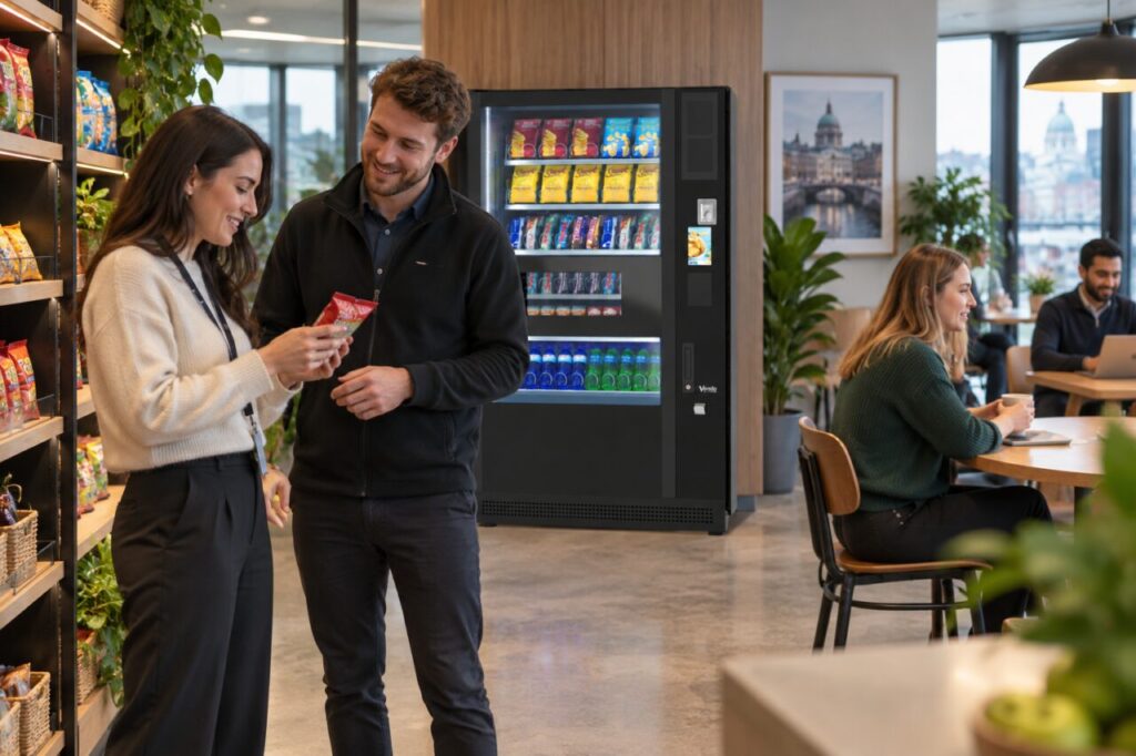 Customer shows a snack packet to a micro-market host beside vending equipment