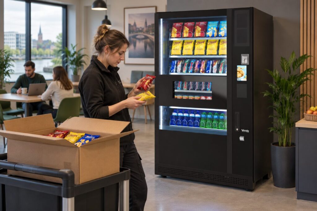 Operator checks dates on delivered snack packs beside a vending machine and stock carton