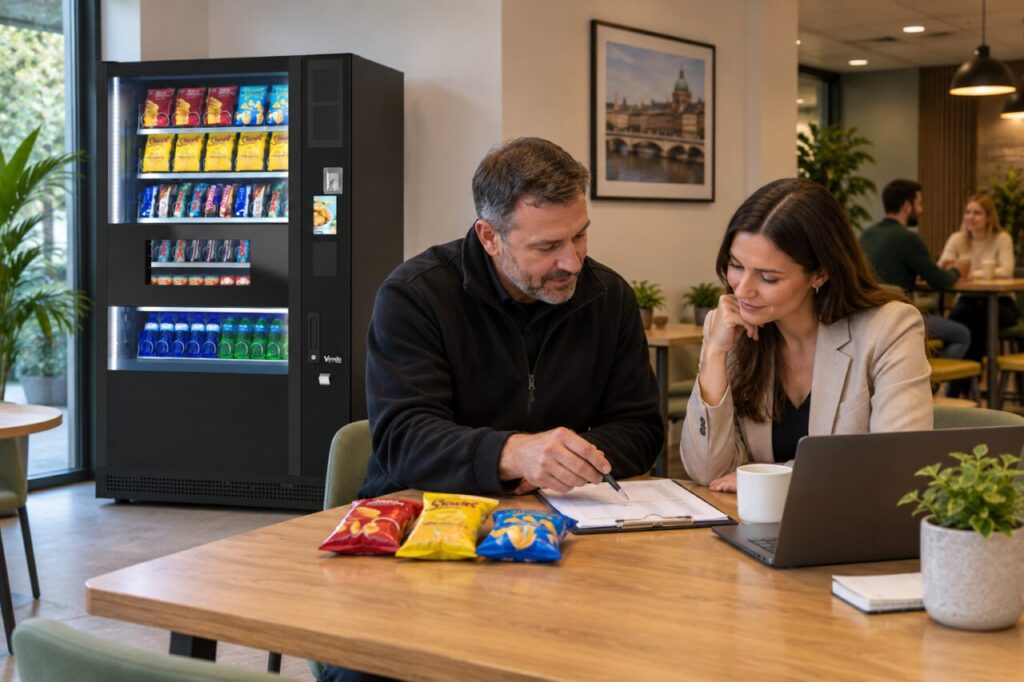 Owner and adviser review item counts and payment records beside vending equipment