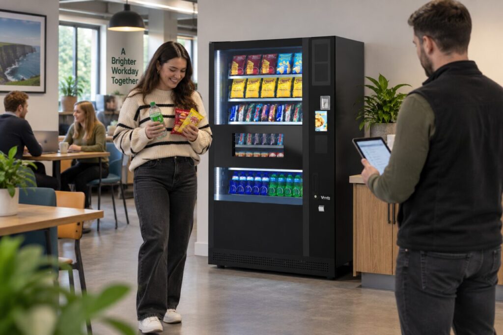 Customer holds a multi-item purchase while an observer records the vending demonstration