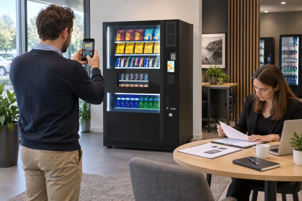 Buyer photographs vending equipment while a colleague organises purchase documents