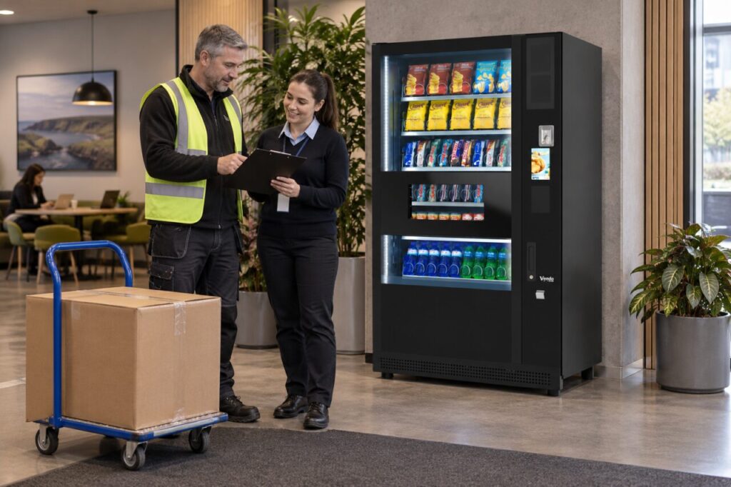 Site colleagues review launch duties beside vending equipment and an unopened stock carton