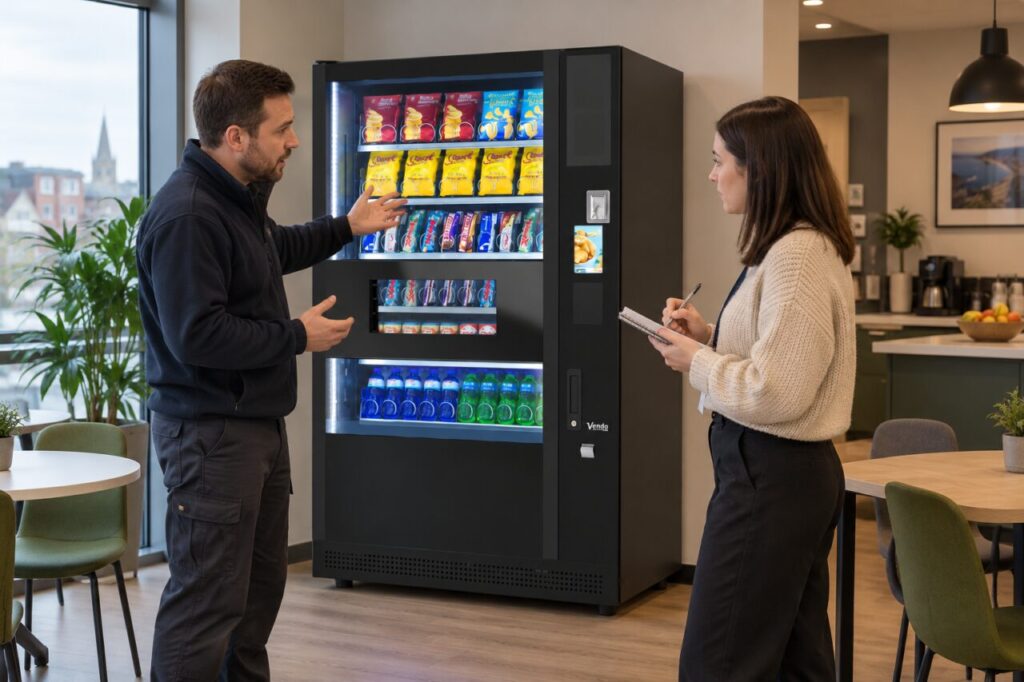 Host records a remembered fault while a colleague explains the incident beside a vending machine