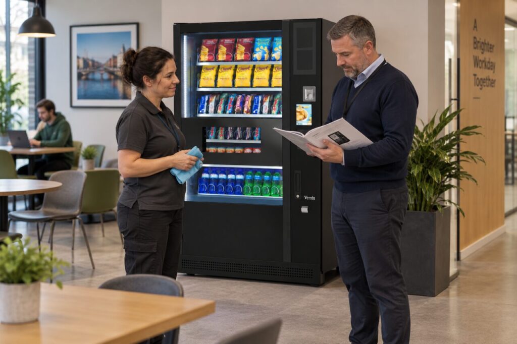 Cleaner holds a cloth while a supervisor checks care instructions beside vending equipment