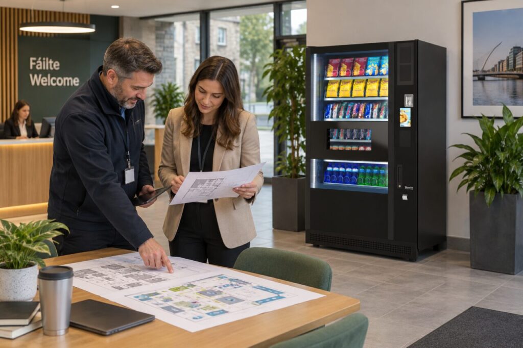 Facilities colleagues compare building access plans beside vending equipment in reception
