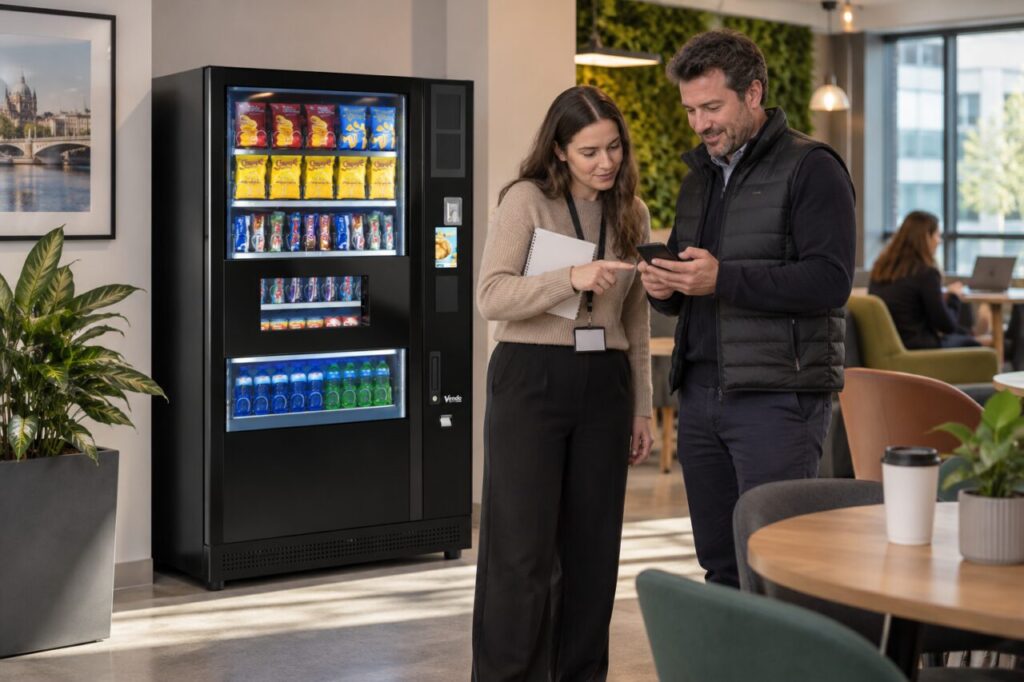 Customer and host compare a phone purchase record with location notes beside a vending machine