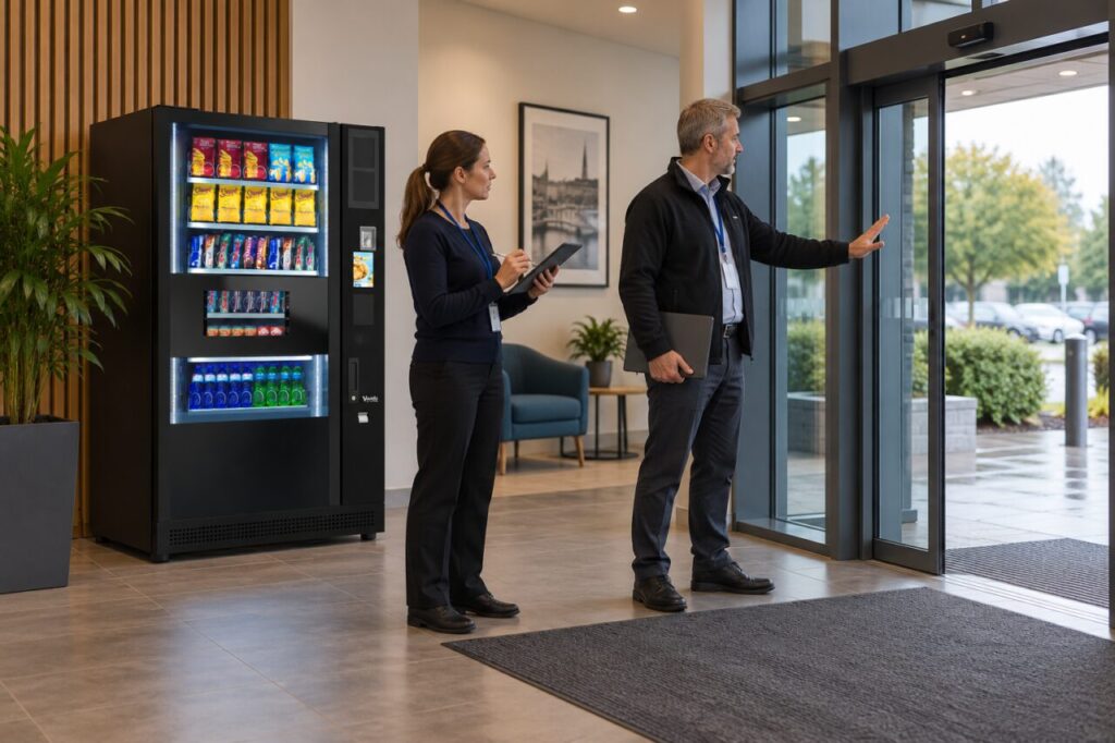 Facilities colleagues assess entrance air movement and waiting space beside vending equipment