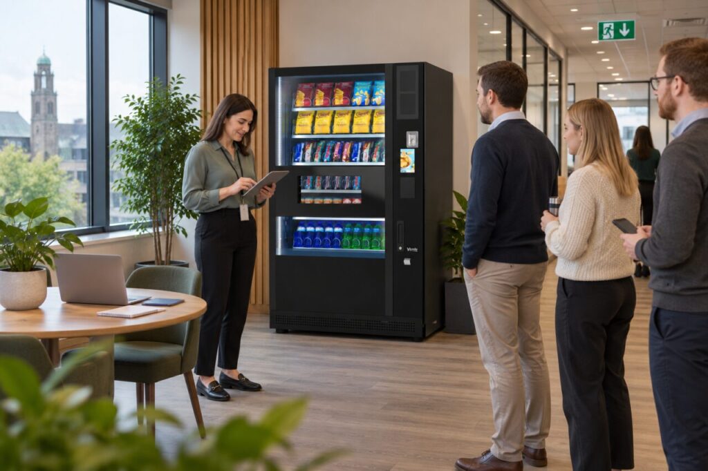 Office coordinator reviews break arrangements beside vending equipment and a clear return route