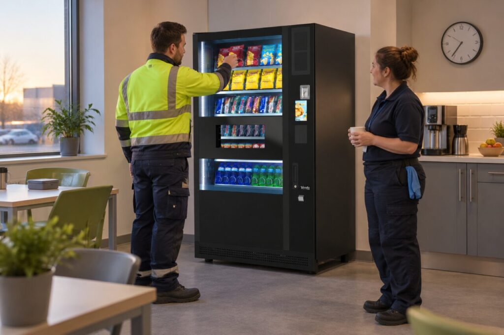 Early shift colleagues review snack availability beside vending equipment at dawn