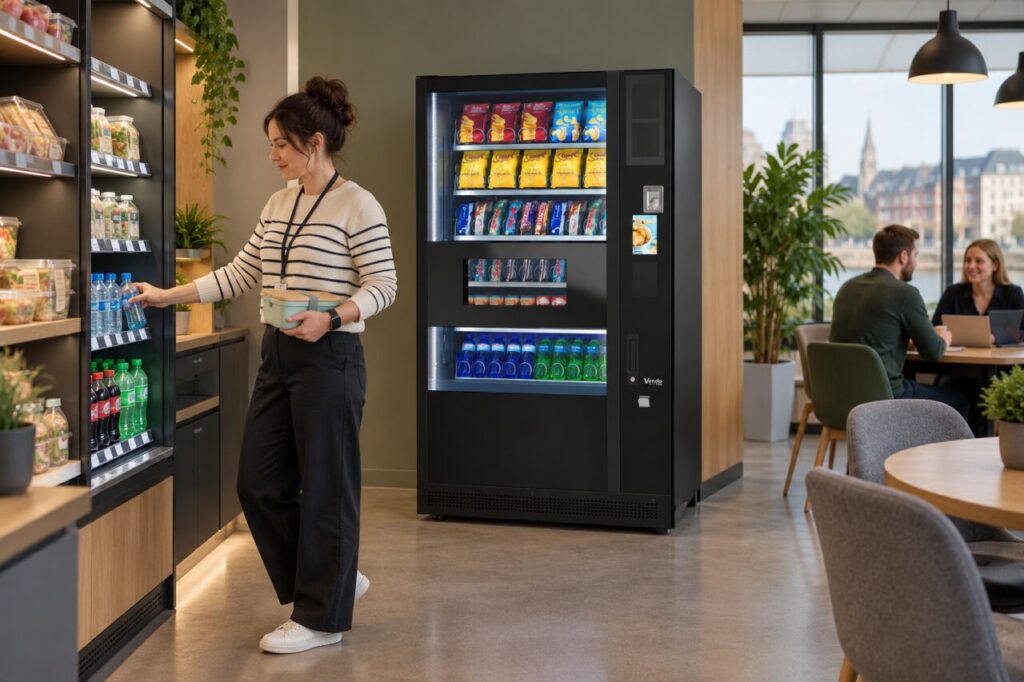 Customer carries a personal lunchbox while selecting a drink beside vending equipment