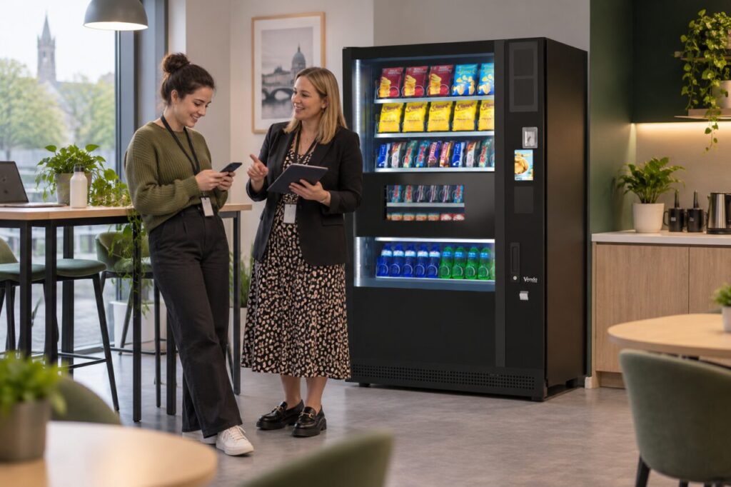 Employee checks private benefit information with a coordinator beside vending equipment