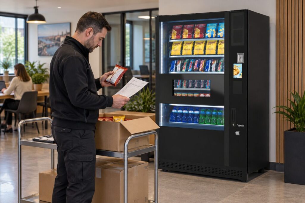 Operator compares a supplier invoice with a snack pack beside vending equipment