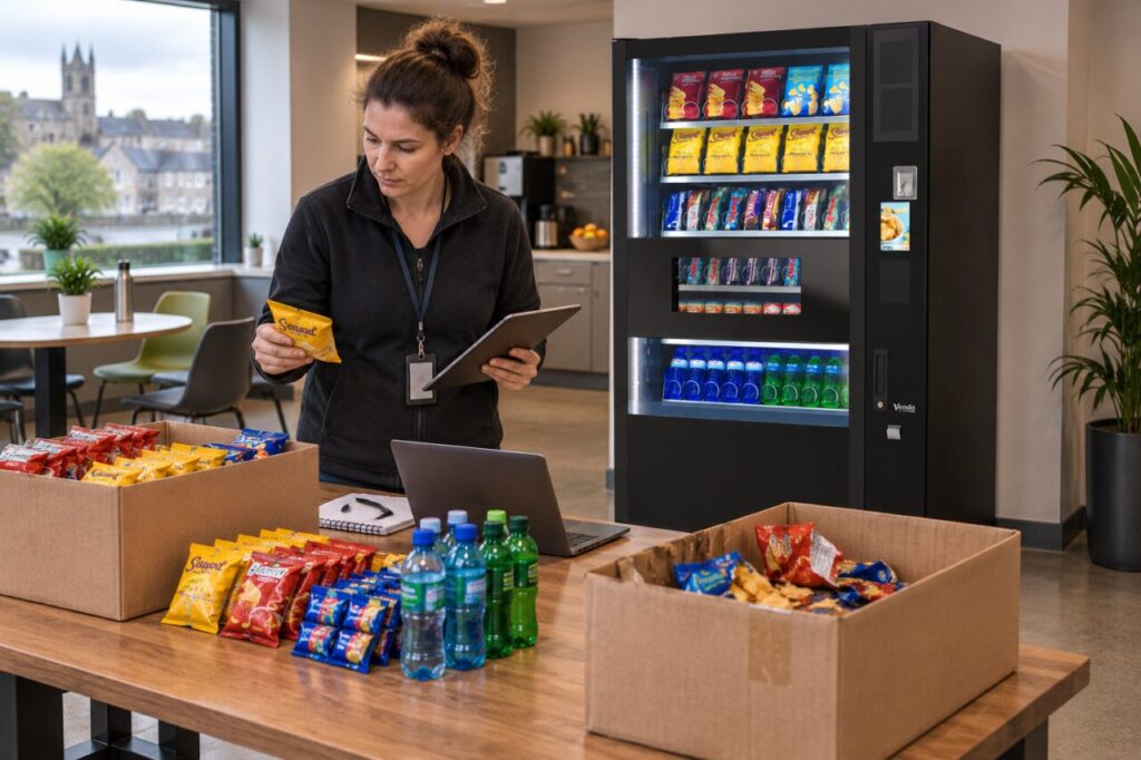 Operator records saleable and damaged stock separately beside vending equipment