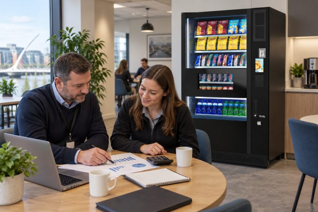 Operator and site contact review sales figures and a calculator beside vending equipment