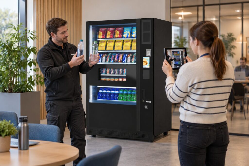 Operator compares chilled and room-temperature drink samples beside vending equipment