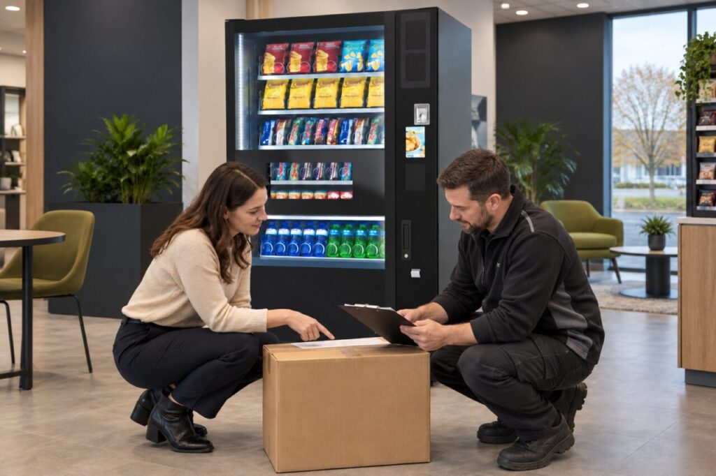 Buyer and technician compare an accessory delivery checklist beside vending equipment