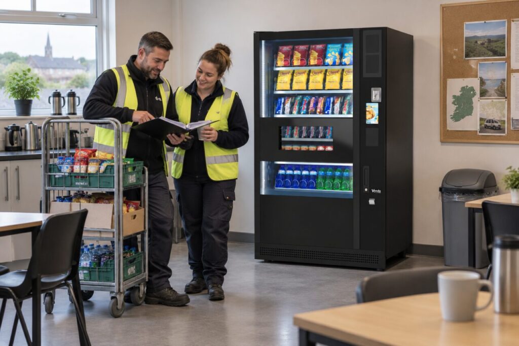 Route colleagues review work schedules and a stock trolley beside vending equipment