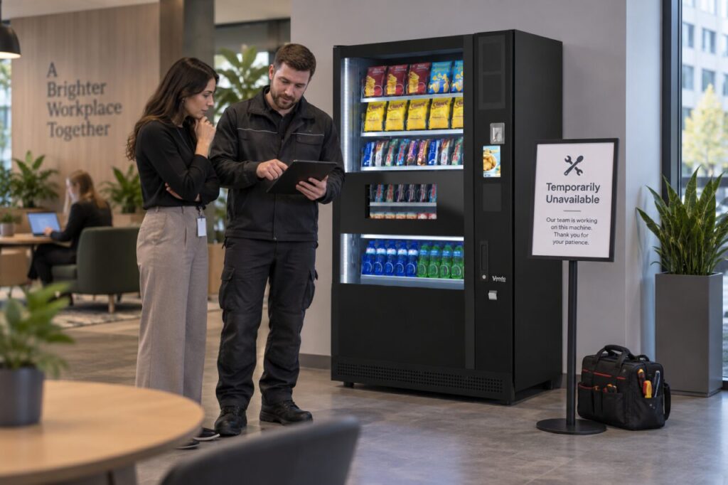 Host and engineer discuss an unavailable notice while a vending repair awaits completion
