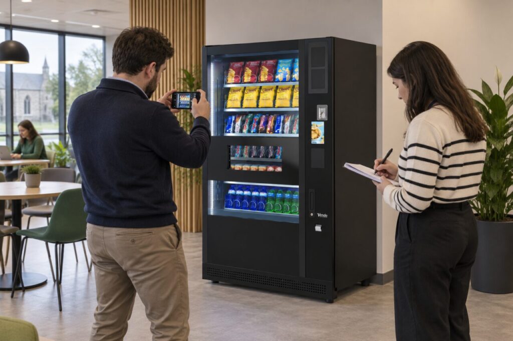 Host photographs a vending glass panel while a colleague records the observation