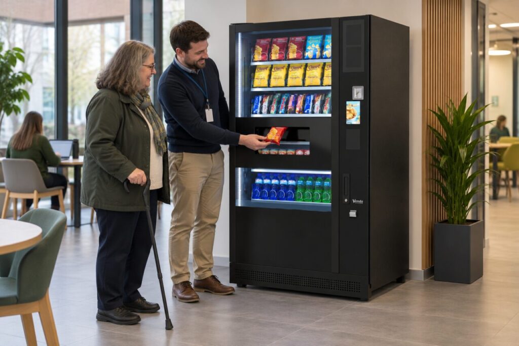Colleague demonstrates collection while a customer with a walking stick reviews the vending access