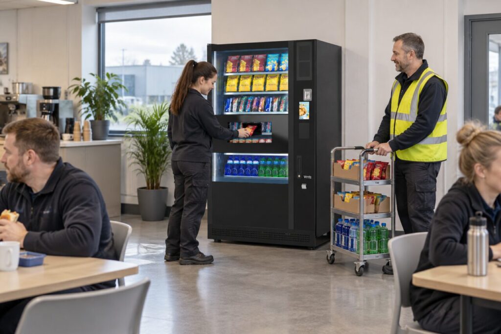 Operator waits with a refill trolley while a customer collects a vending snack
