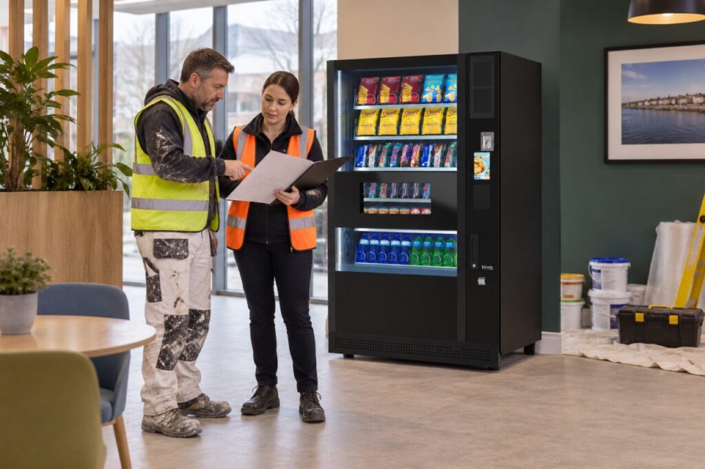 Decorator and site coordinator review a work plan beside vending equipment