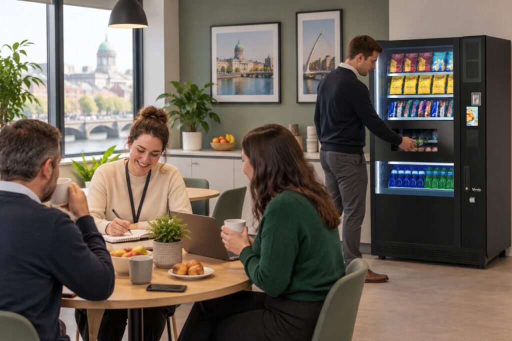 Coordinator records a breakfast meeting while a colleague collects a vending drink