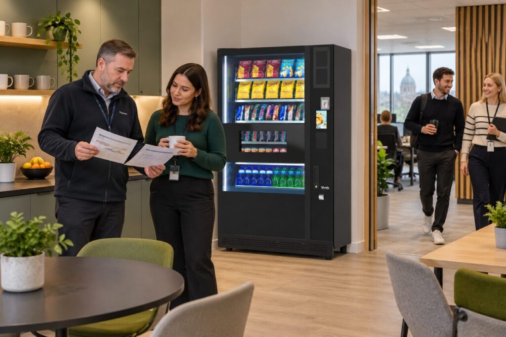 Office colleagues compare attendance calendars beside vending equipment