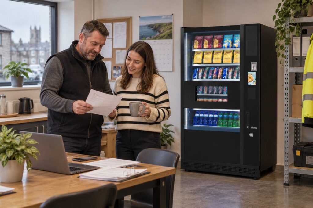 Accounts colleagues compare an invoice and calendar beside vending equipment