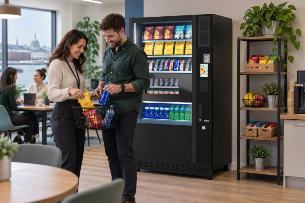 Two colleagues gather snacks and drinks for a shared self-service purchase beside vending equipment