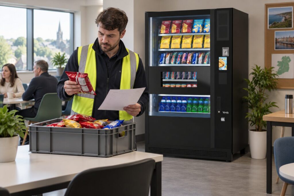 Operator compares snack packs with a supplier credit note beside vending equipment