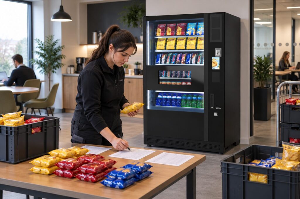 Operator counts packs and checks transfer records beside vending equipment