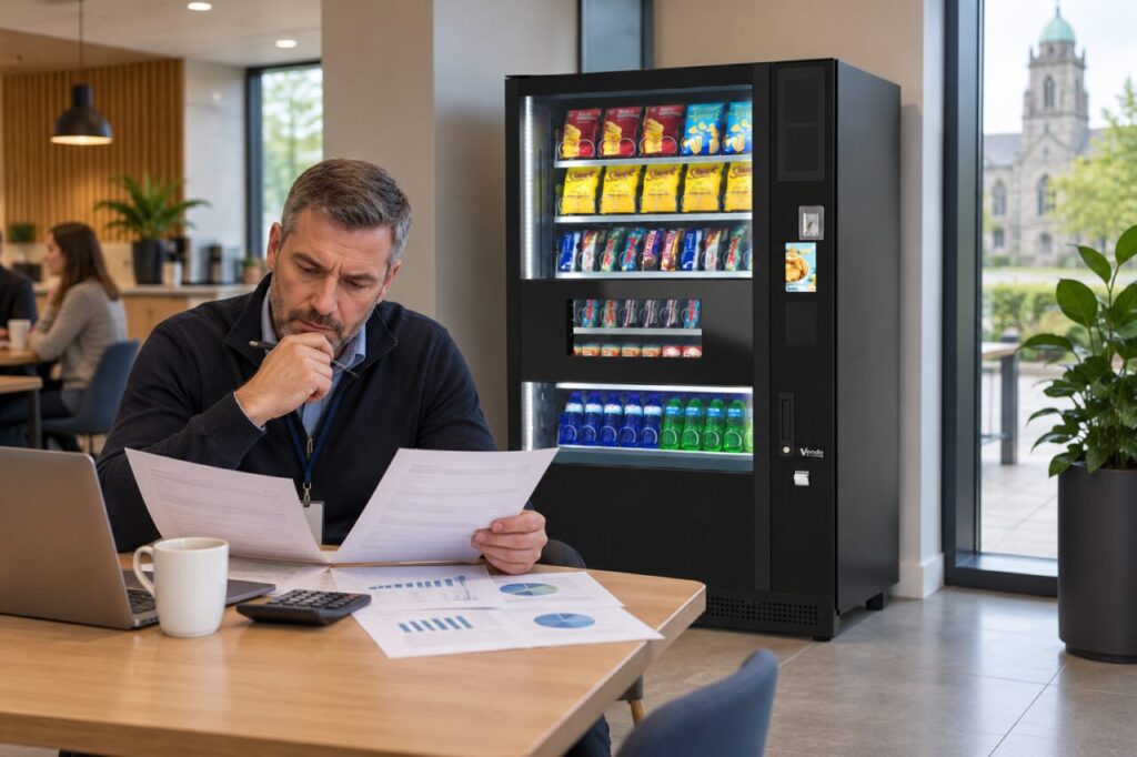 Facilities manager compares tariff papers and consumption records beside vending equipment
