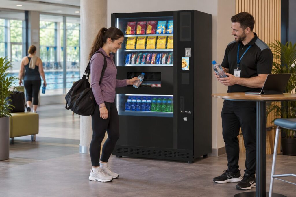 Customer collects a small water bottle while an operator compares a larger bottle beside vending equipment