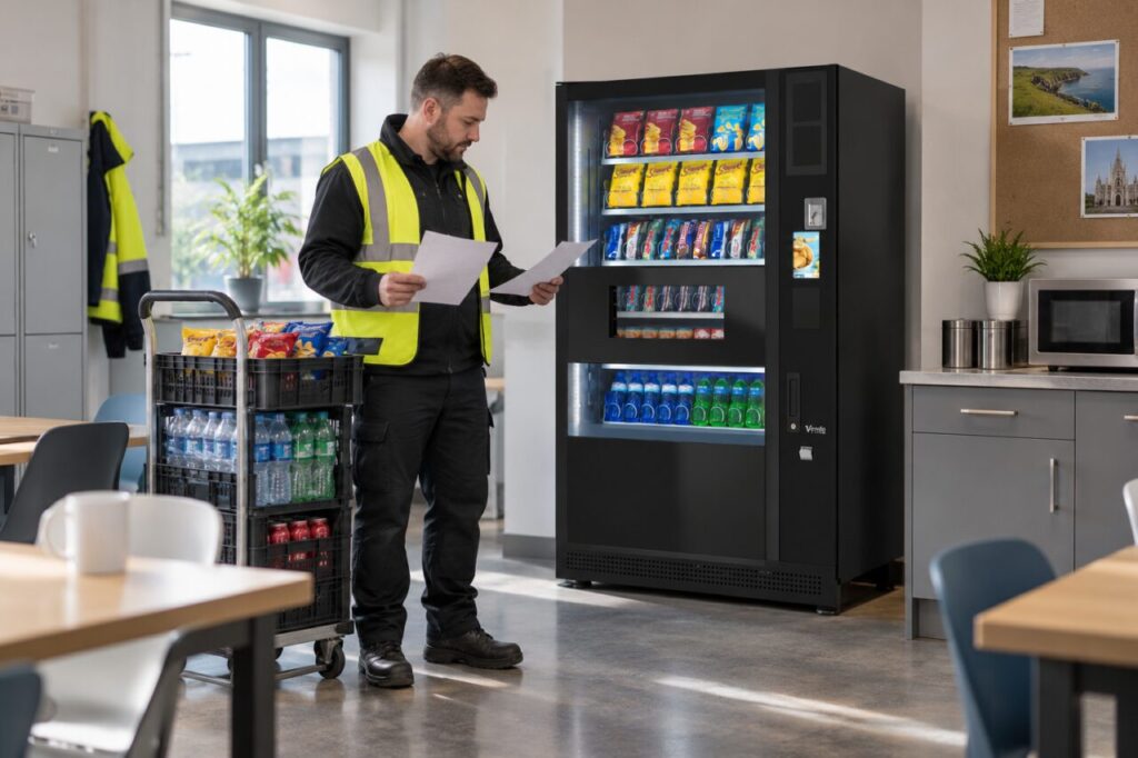 Route operator compares site visit records beside a vending machine and stock trolley
