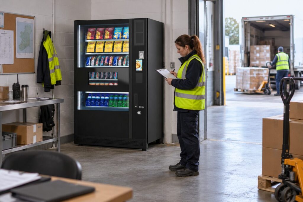 Delivery coordinator checks a shared loading bay booking beside vending equipment