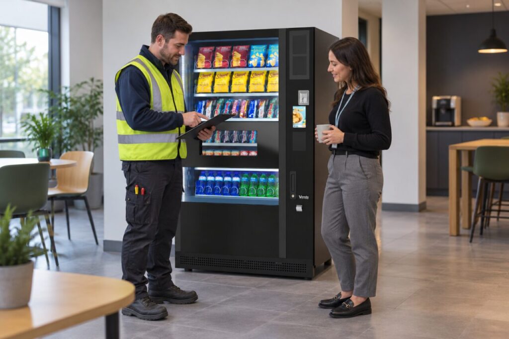 Facilities electrician and host discuss planned inspection arrangements beside vending equipment