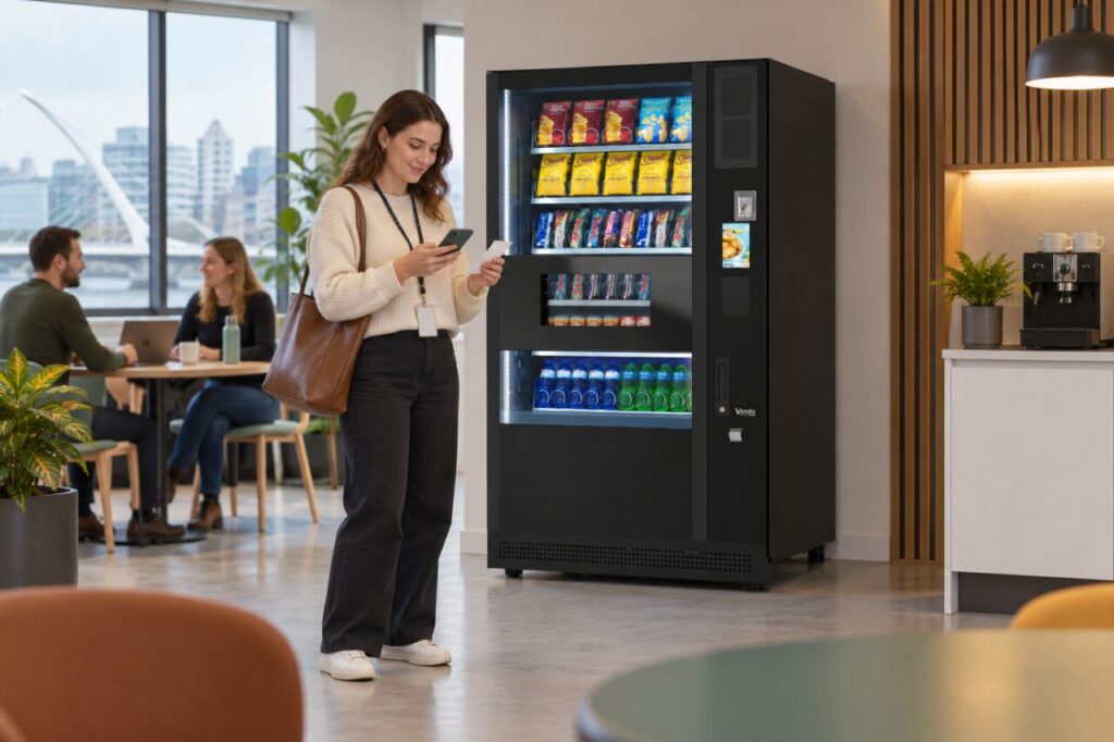 Customer checks a phone balance and purchase note beside a vending machine
