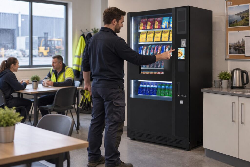 Worker holds removed gloves while using vending controls with a bare hand