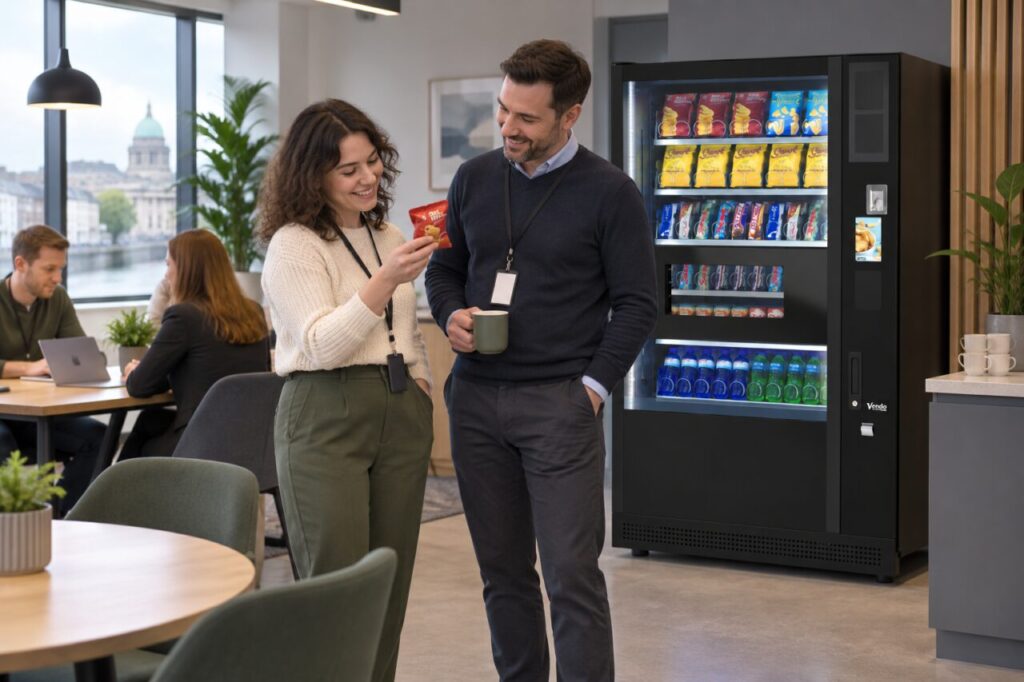 Customer shows a crumpled snack pack to a host beside vending equipment