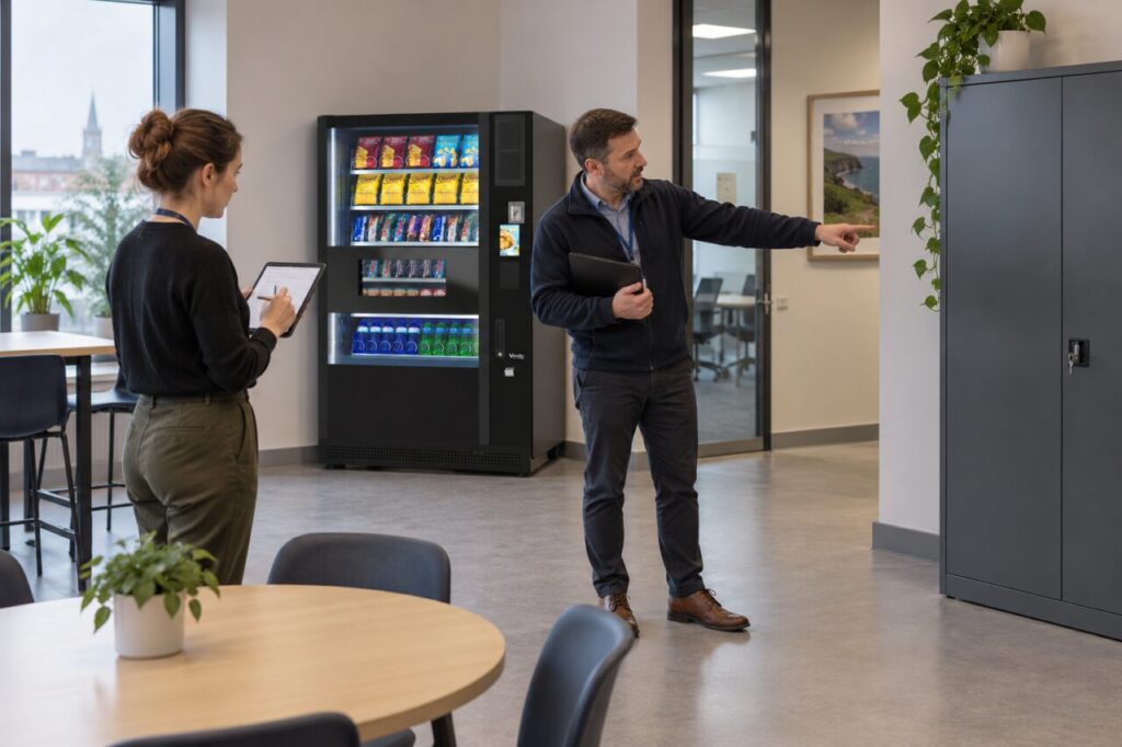 Facilities colleagues record room changes near a vending machine and metal cabinet